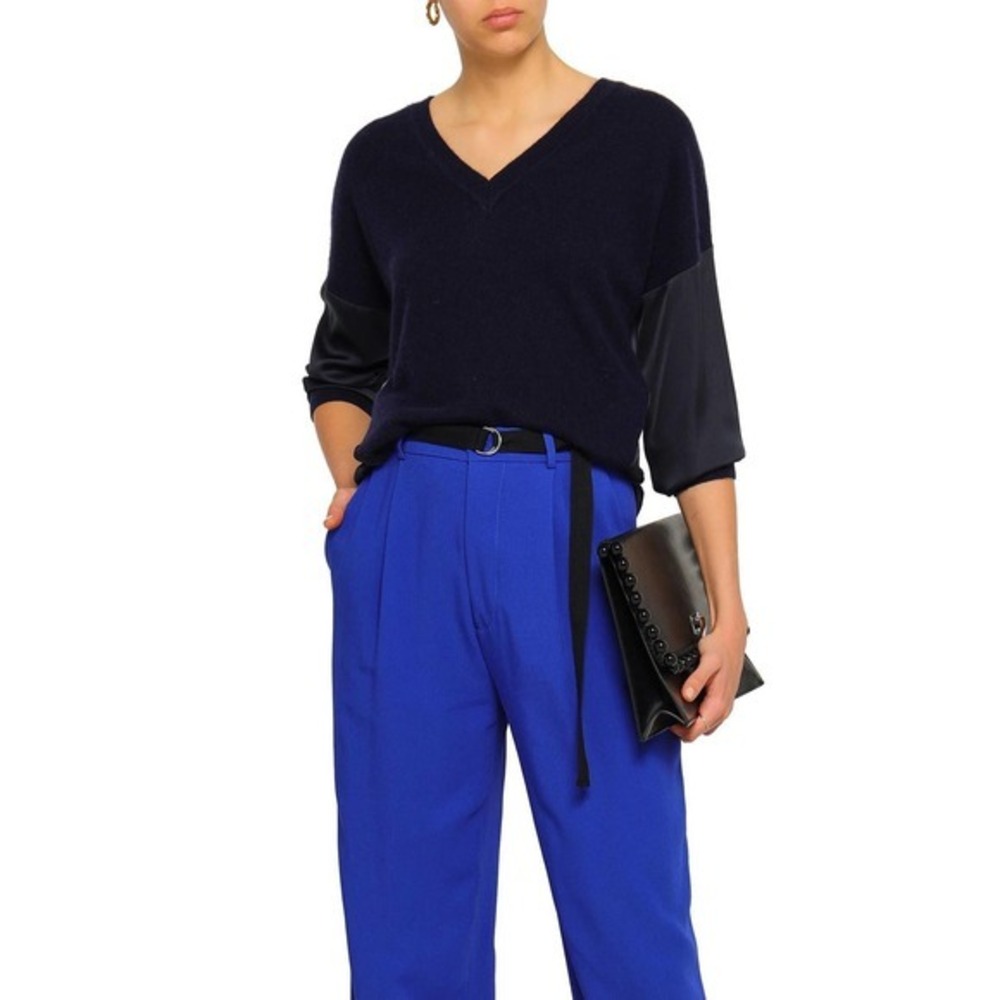Amanda Wakeley Satin Paneled Cashmere and Wool Blend Sweater Navy